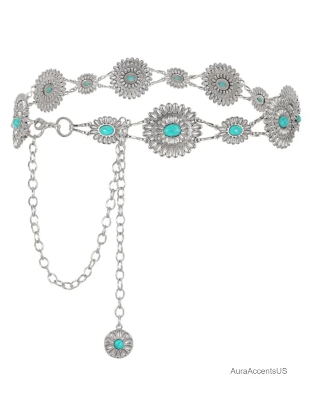 Western Concho Chain Belt Turquoise Metal Link with Lobster Claw Clasp for